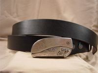 black leather belt with belt buckle knife