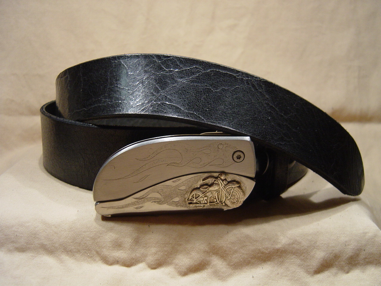 Antique Black Leather Belt | Hidden Belt Buckle Knife